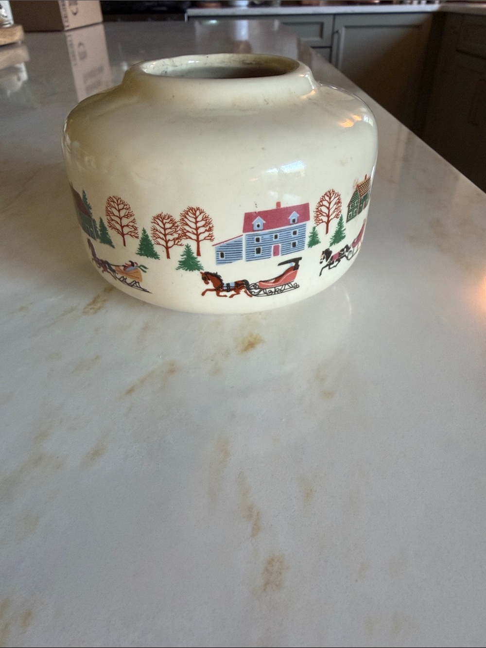 Vintage Cream Ceramic Decorative Vase or Planter with Winter Scene
